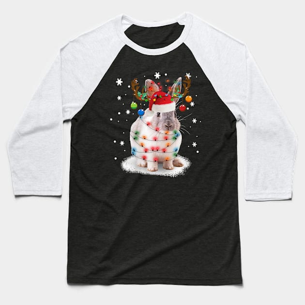Bunny Rabbit Christmas Lights Santa Hat Funny Xmas Baseball T-Shirt by Luna The Luminary